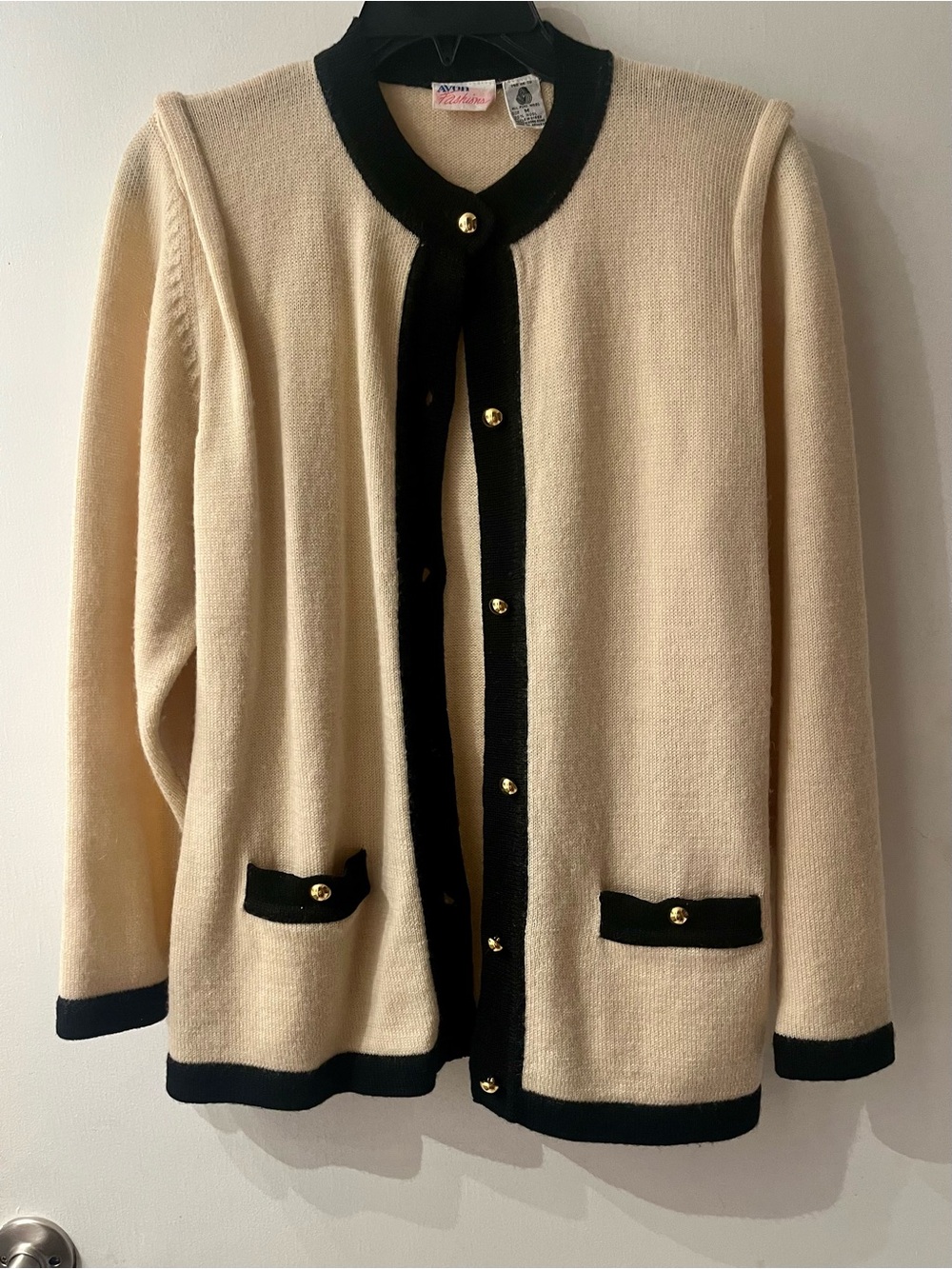 Vintage Cream Knit Jacket with Black Trim and Gold Buttons
